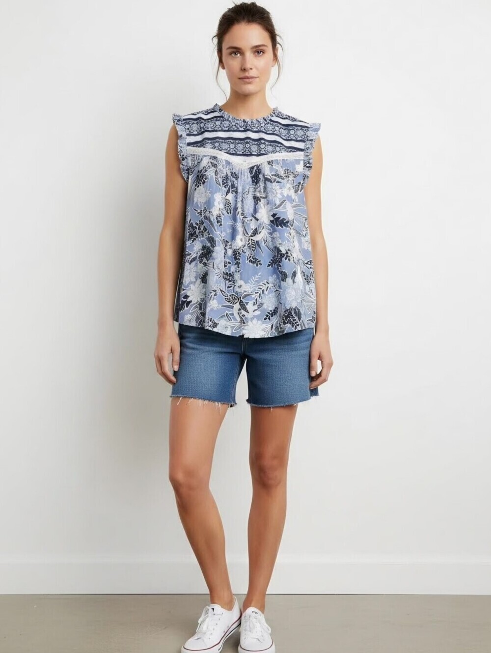 New! Angels Blue Floral Sleeveless Peasant High Neck Cotton Top
